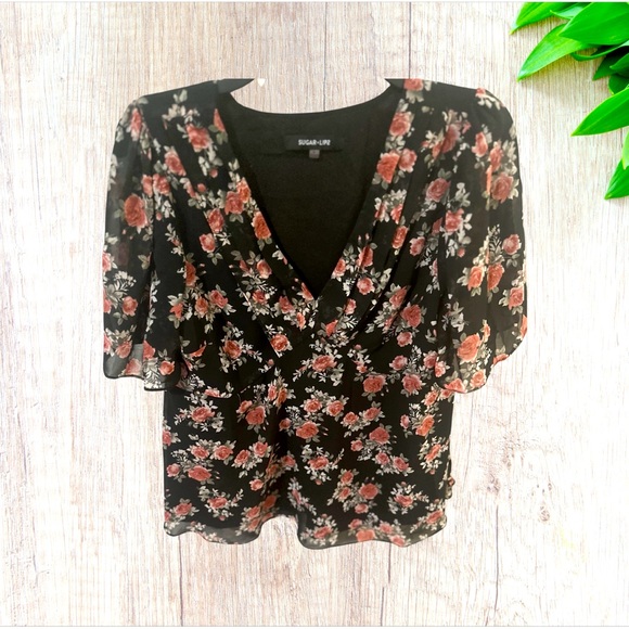 Tops - Sugar Lips Women's Garden Grove Floral Short Sleeve Blouse